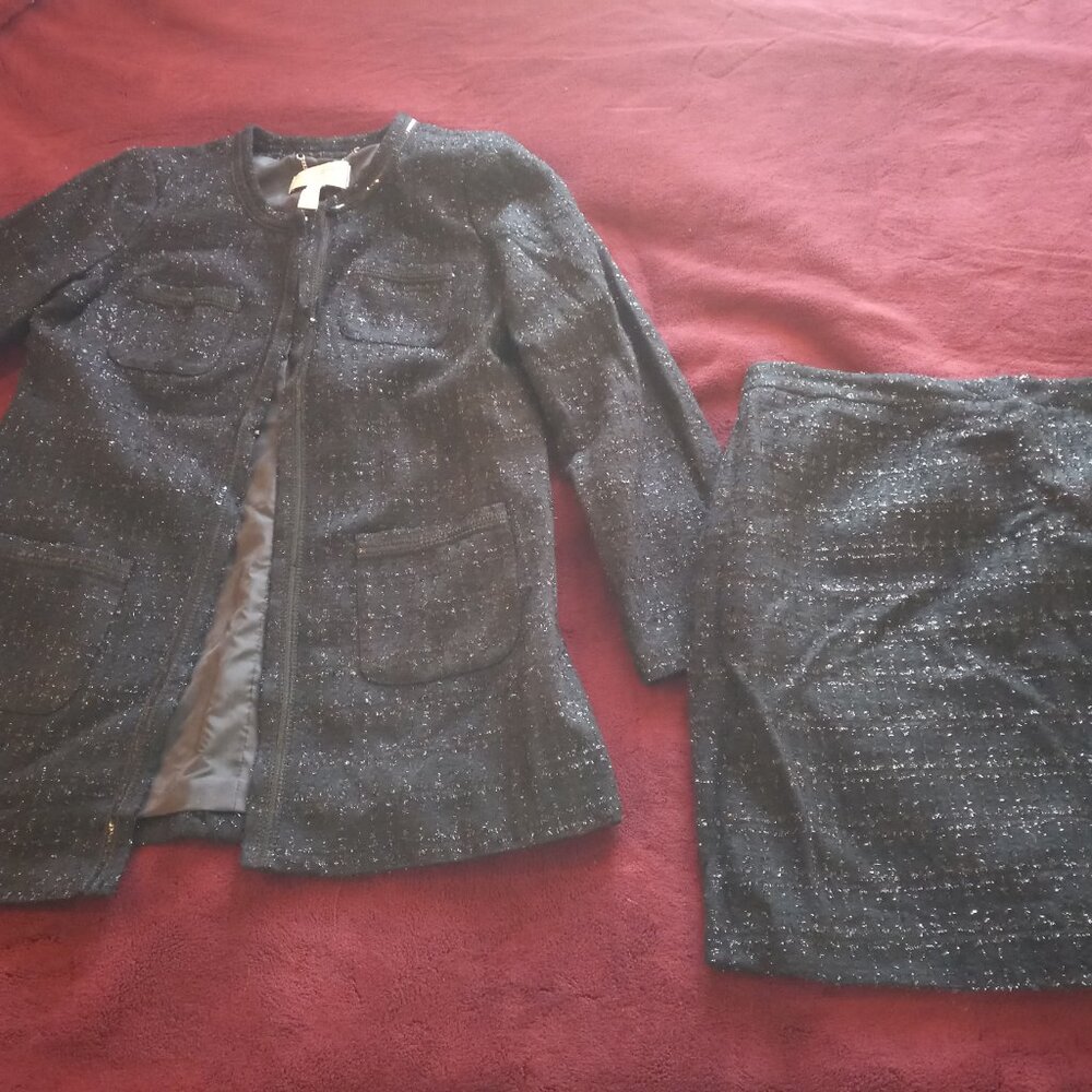 Jaclyn Smith Collection Med Coat Blck Sequined Blazer Clasp Closure &skirt sz14